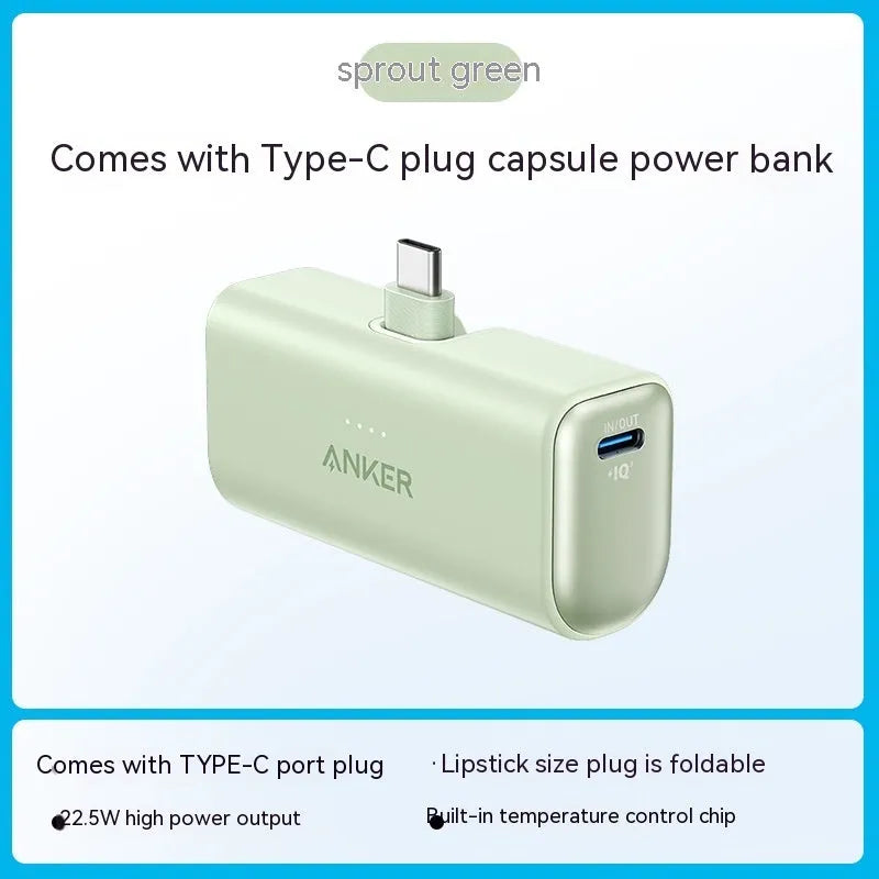 Capsule-shaped 5000mAh power bank in various colours showing Type-C port and foldable C head