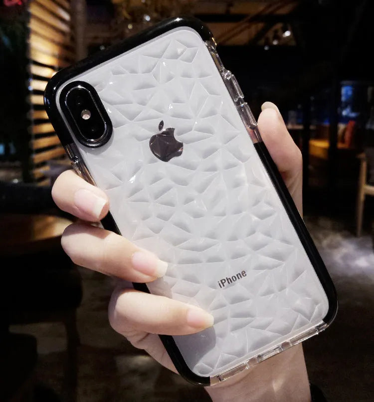 Striped TPU back cover iPhone case shown in black border, pink border, and white border colour options.