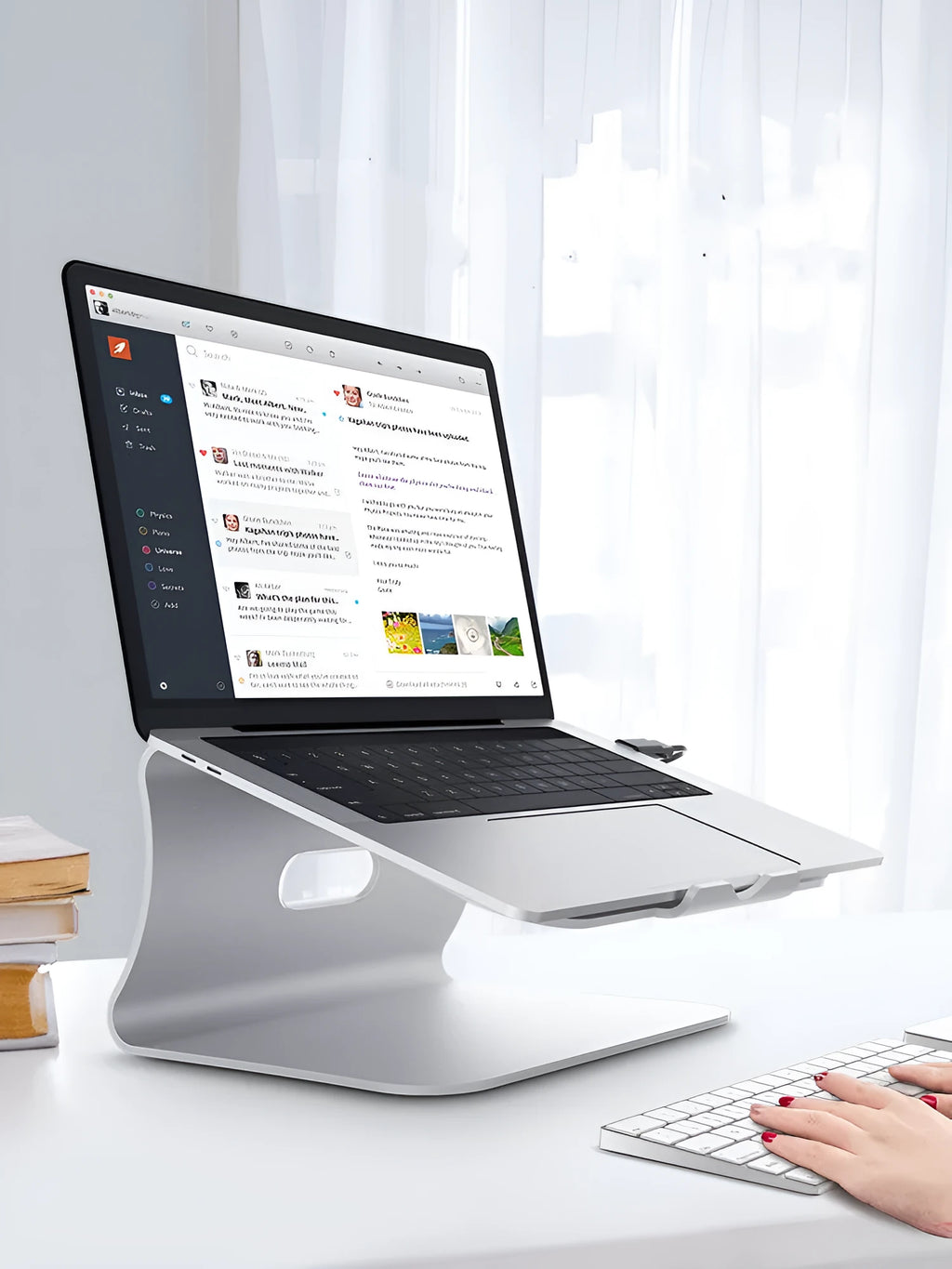 Aluminium alloy notebook cooling bracket in silver colour, showing its thin 4.07mm profile and rotary hinge design.