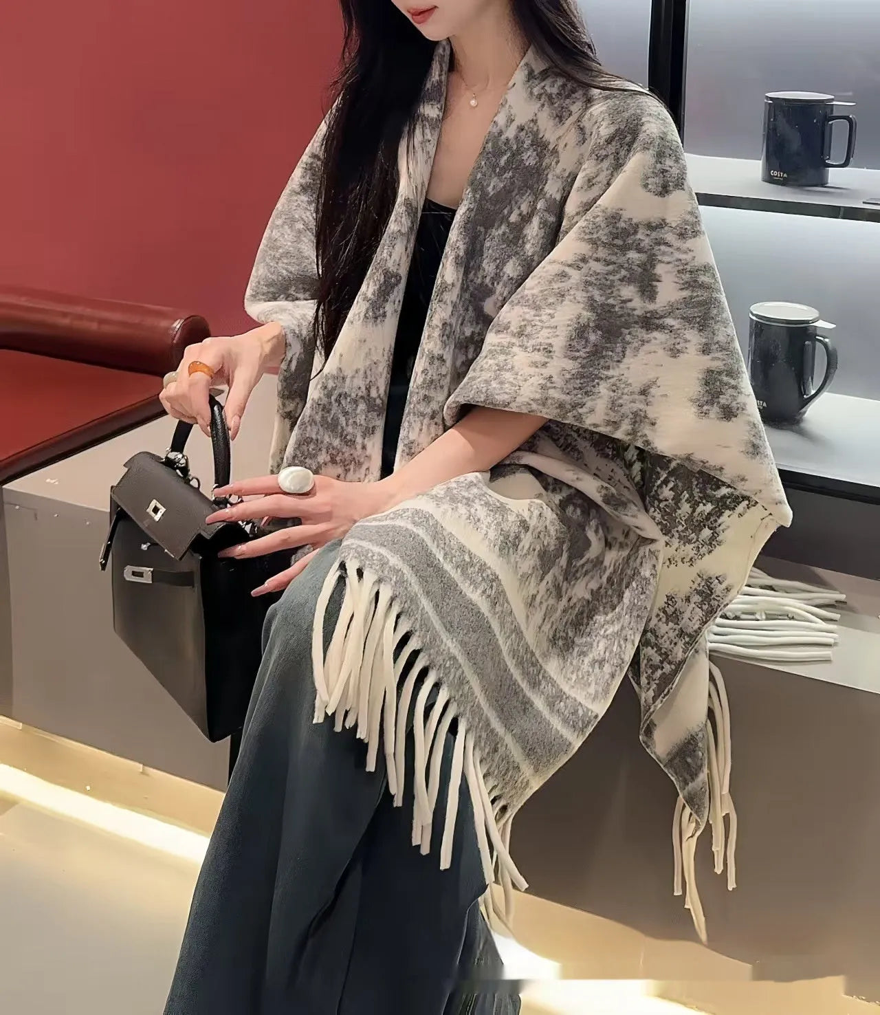 Women's polyester tassel scarf cape draped as shawl in picture colour options