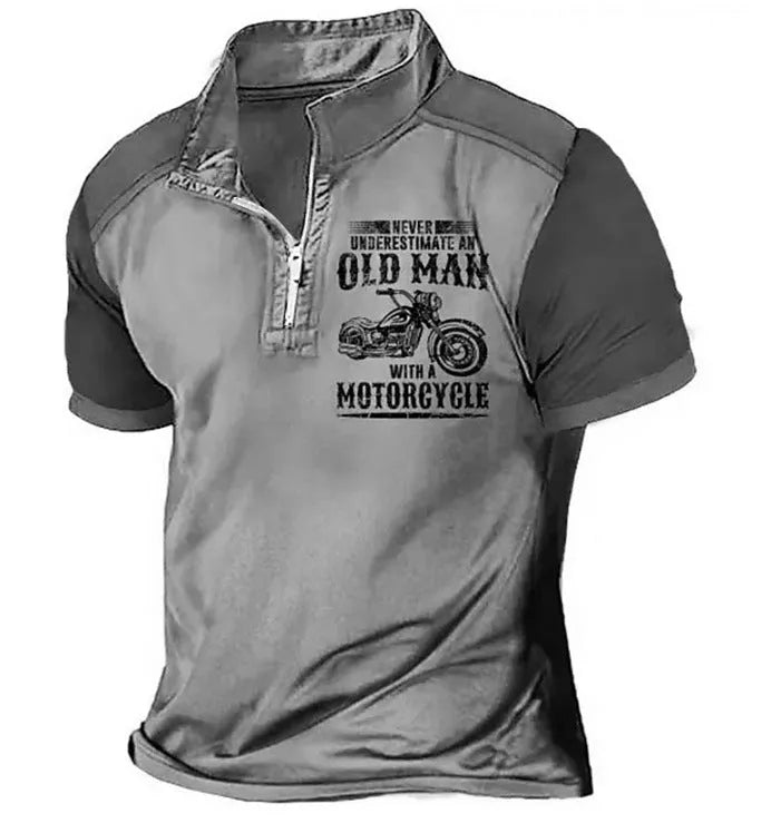 Men's casual polo shirt with digital letter pattern and zipper decoration on the lapel.