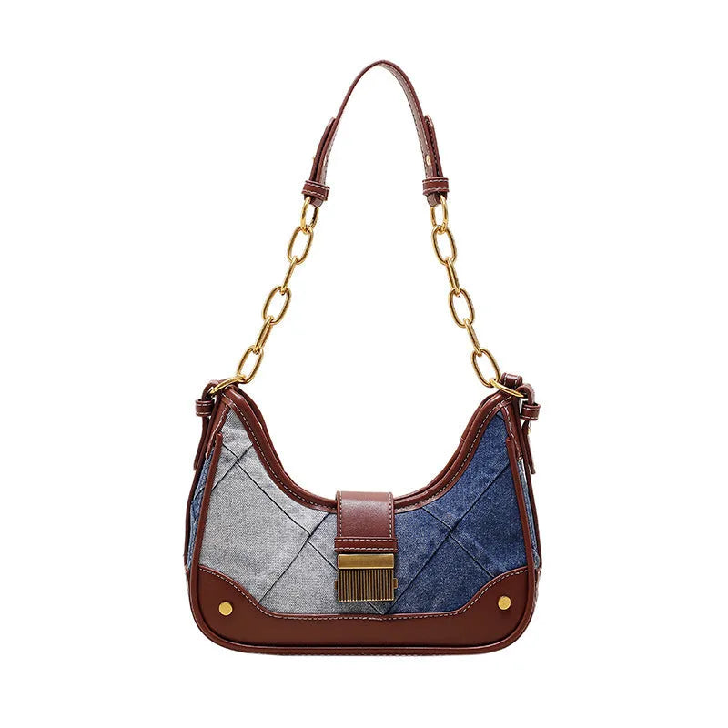 Brown denim bucket shoulder bag with diamond mesh pattern and chain decorative elements