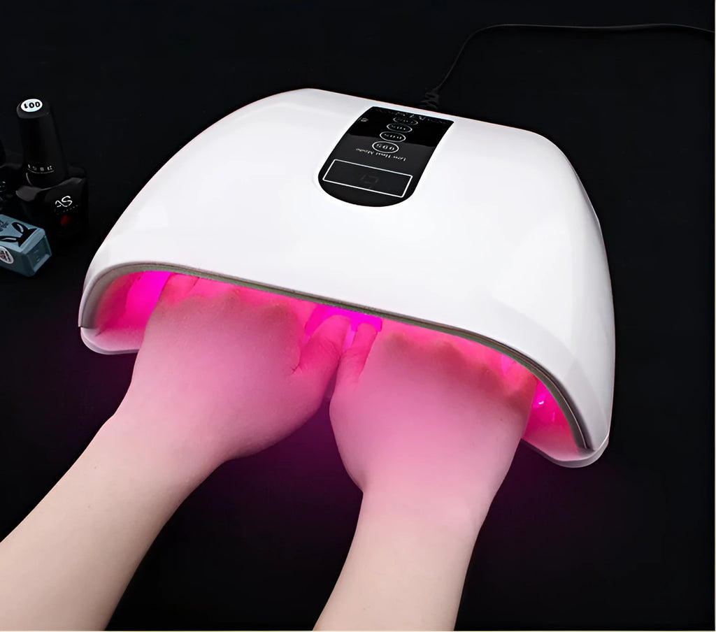 96W white LED nail dryer with 48 bulbs, infrared sensor, and removable tray, placed on a flat surface