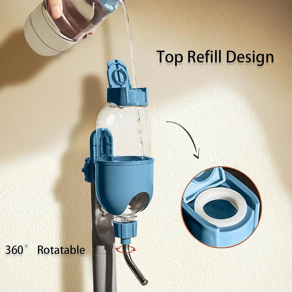 Blue small animal cage water bottle with 360° rotatable nozzle and mounting bracket