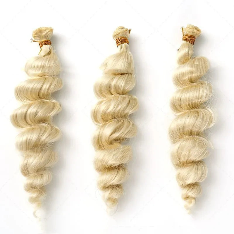 Golden high temperature fibre wig for ladies shown in 18, 20 and 22 inch length options.