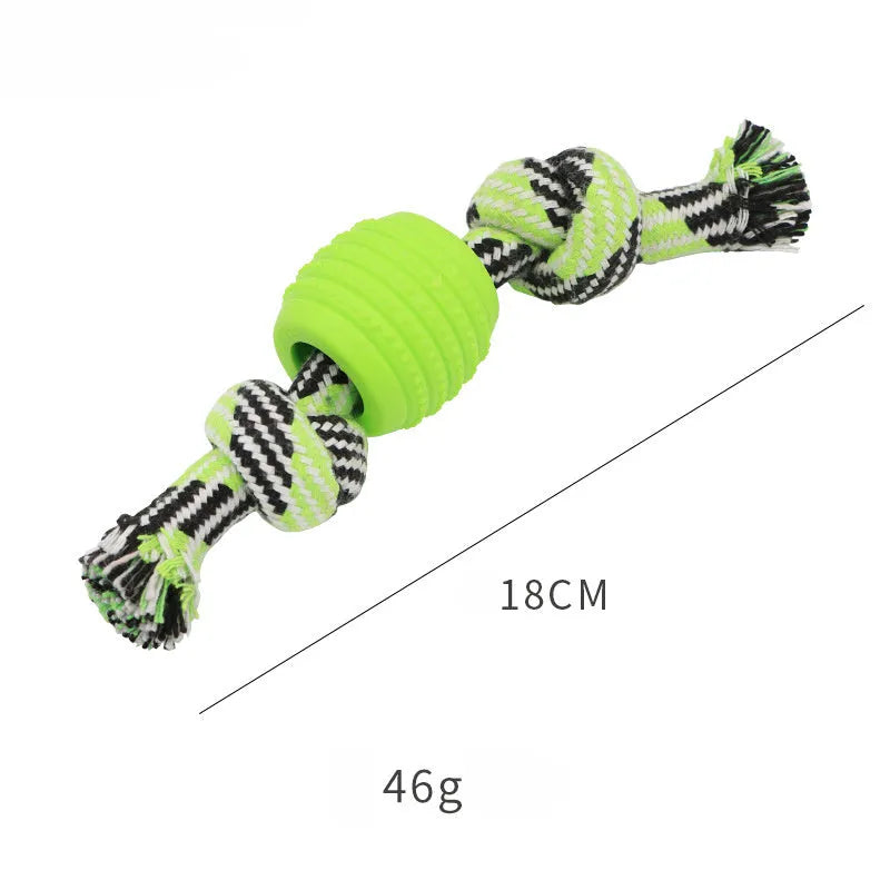 Blue dog chew toy with molar shape and rope attachment for teeth cleaning