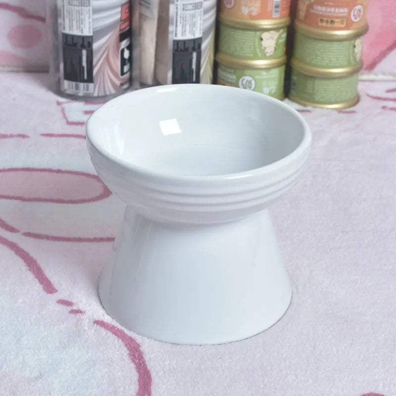 Black ceramic pet bowl with high foot and neck protector for dogs and cats