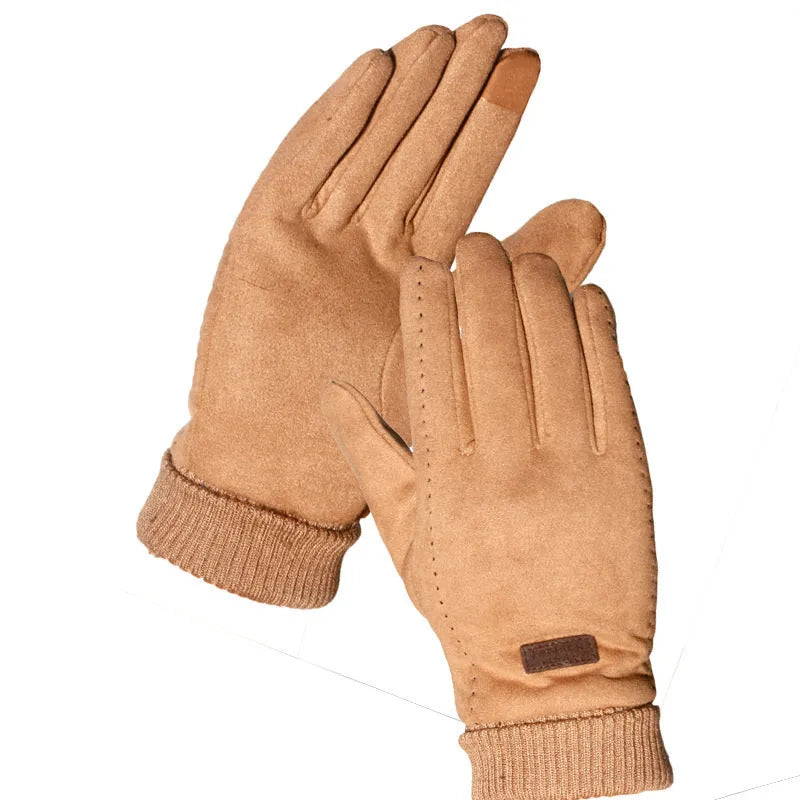 Suede gloves for couples in coffee colour, elastic fabric with velvet feel, unisex size M for cycling and driving