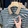 Striped men's casual short sleeve t-shirt with mosaic pattern detail in polyester, available in red, blue, and green colours
