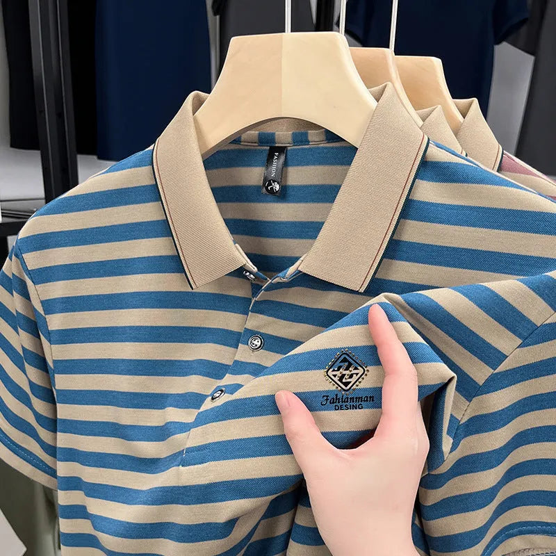 Striped men's casual short sleeve t-shirt with mosaic pattern detail in polyester, available in red, blue, and green colours