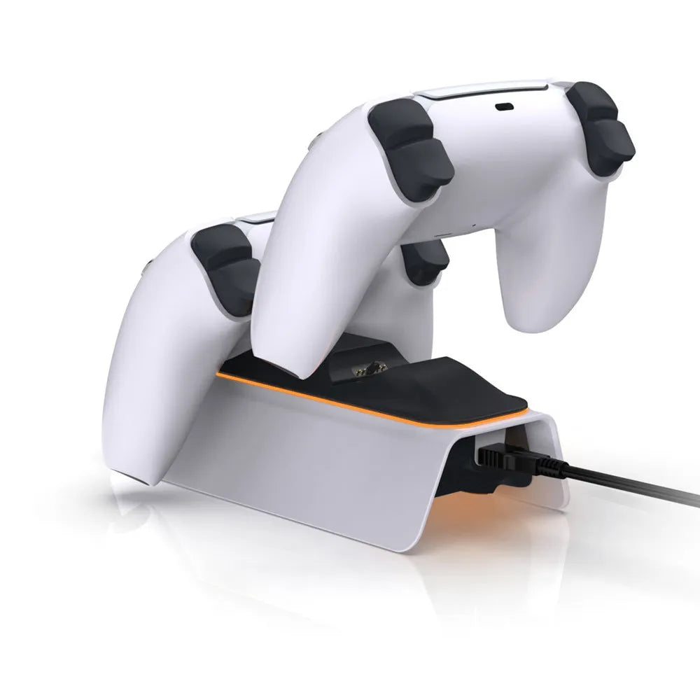 White PS5 dual controller charger with ABS body and UK plug charging two wireless gamepads
