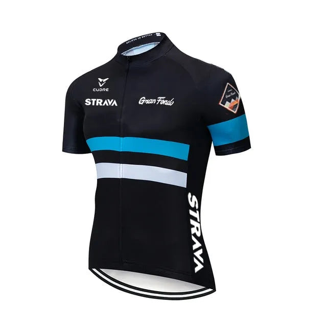 Summer mens cycling jersey and bib shorts set in short suit colour, polyester lycra fabric, side view on bike