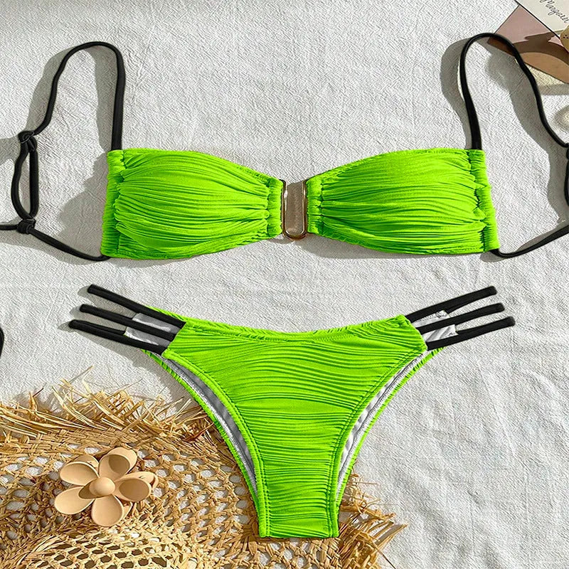 Women's polyester three-point bikini set in khaki with striped pattern, front view