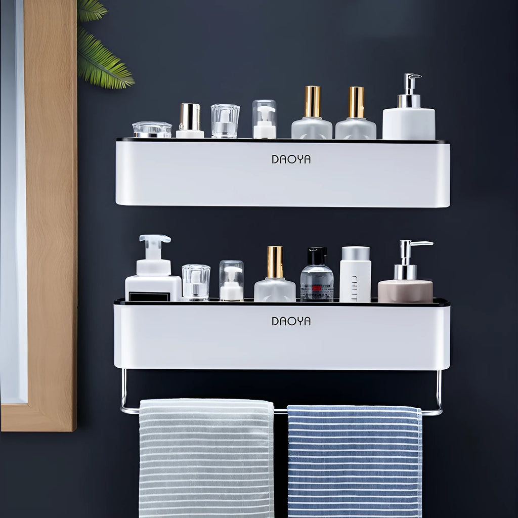 Plastic wall-mounted bathroom shelf with hole-free installation on a polished wall.