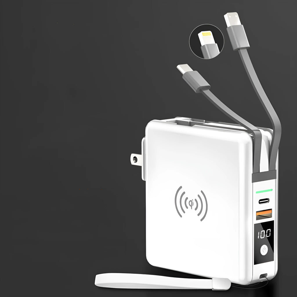 Black and white 10000mAh power bank with wireless charging, a fold-out plug, and international travel adapters.