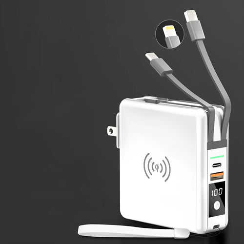 Black and white 10000mAh power bank with wireless charging, a fold-out plug, and international travel adapters.