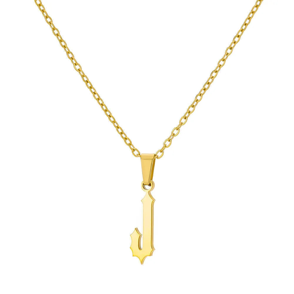 Gold stainless steel ancient English letter pendant necklace with O-ring chain on white background
