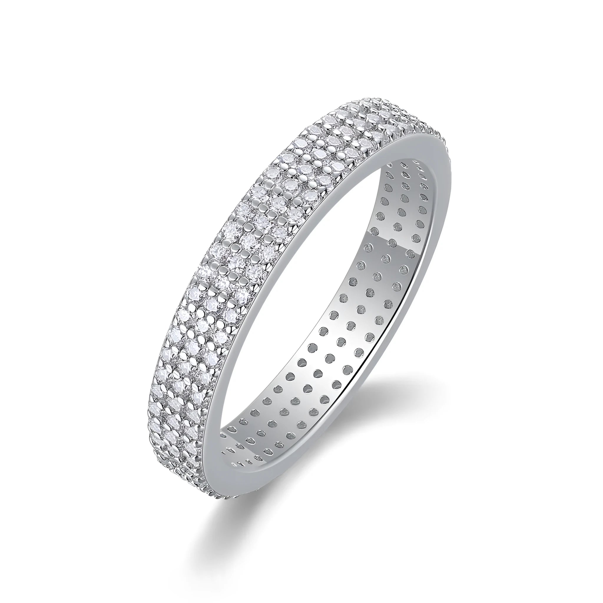 Moissanite wedding ring set in S925 silver with platinum plating, yellow gold colour, on white background