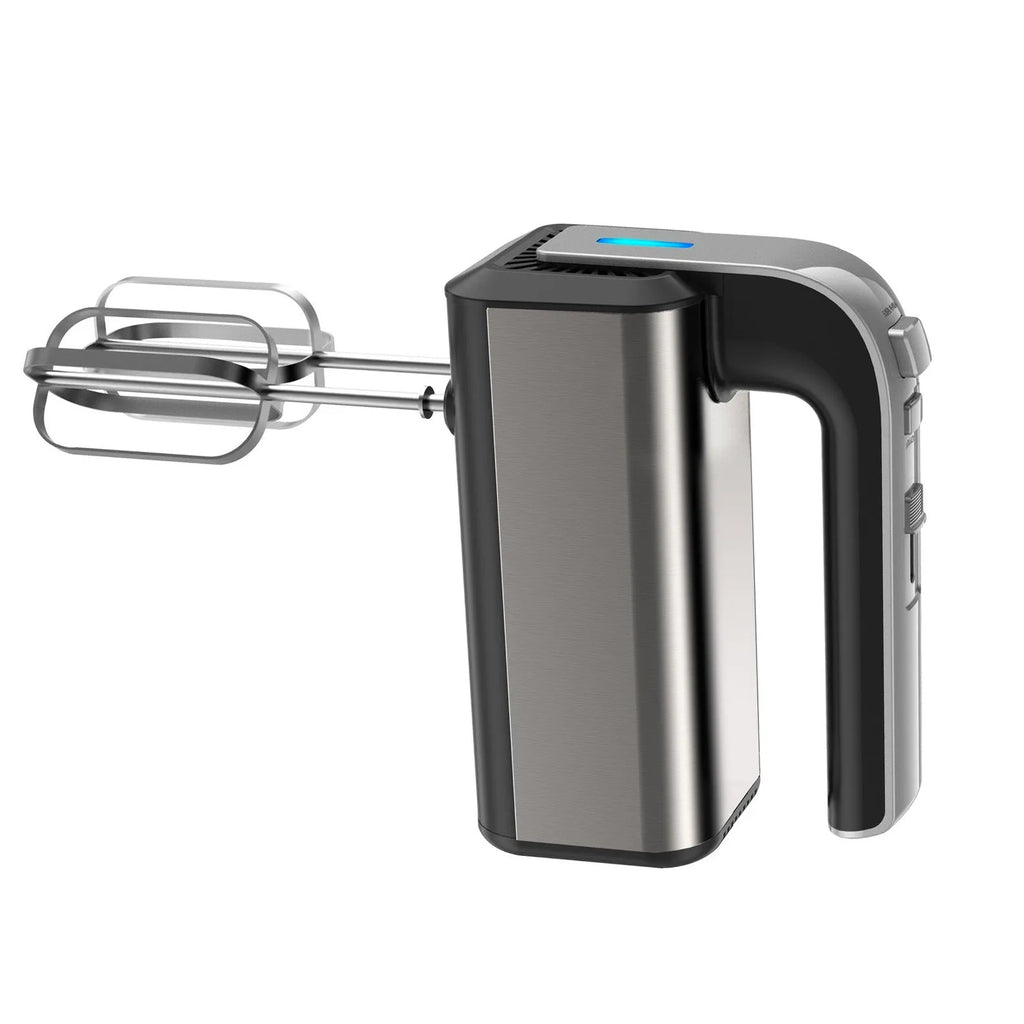 Silver handheld electric whisk with 5-speed control dial