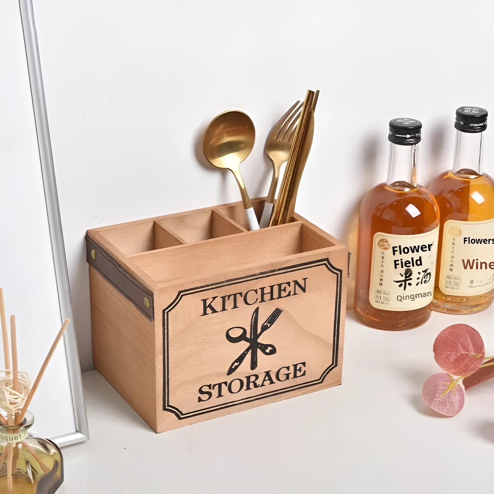 Wooden kitchen storage box with internal grid for knives forks chopsticks organisation