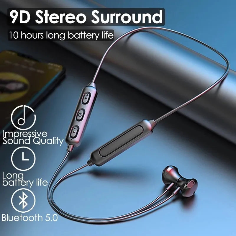 Black neck-mounted wireless Bluetooth sports earphones with custom logo printing option