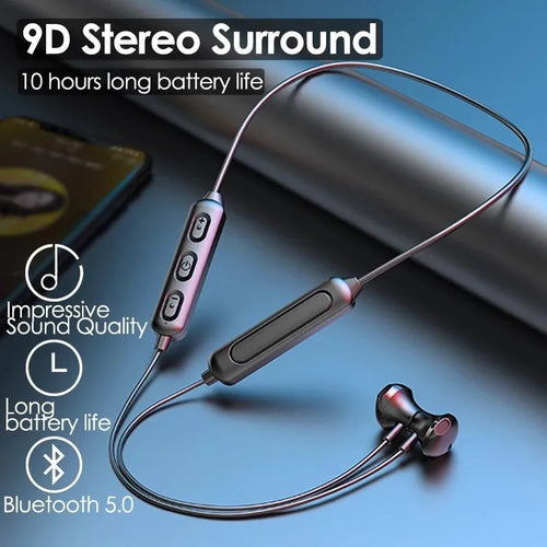 Black neck-mounted wireless Bluetooth sports earphones with custom logo printing option