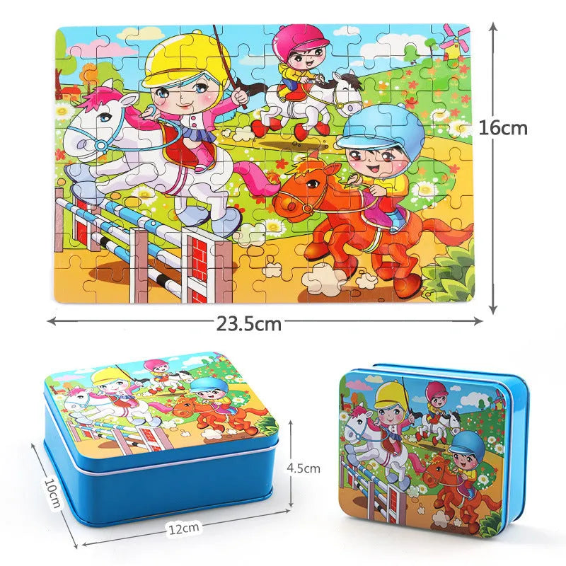 80-piece wooden animal puzzle set in iron box, designed for children aged 3 and over, featuring bear and riding themes