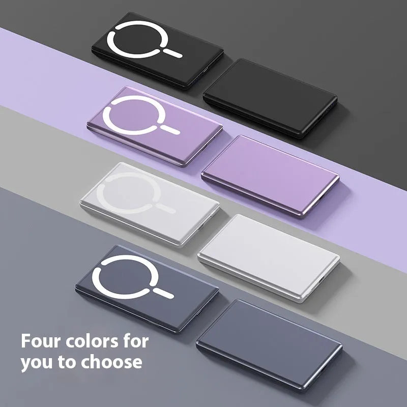 Ultra-thin magnetic power bank in black, dark grey, silver, or violet with slim 9mm profile