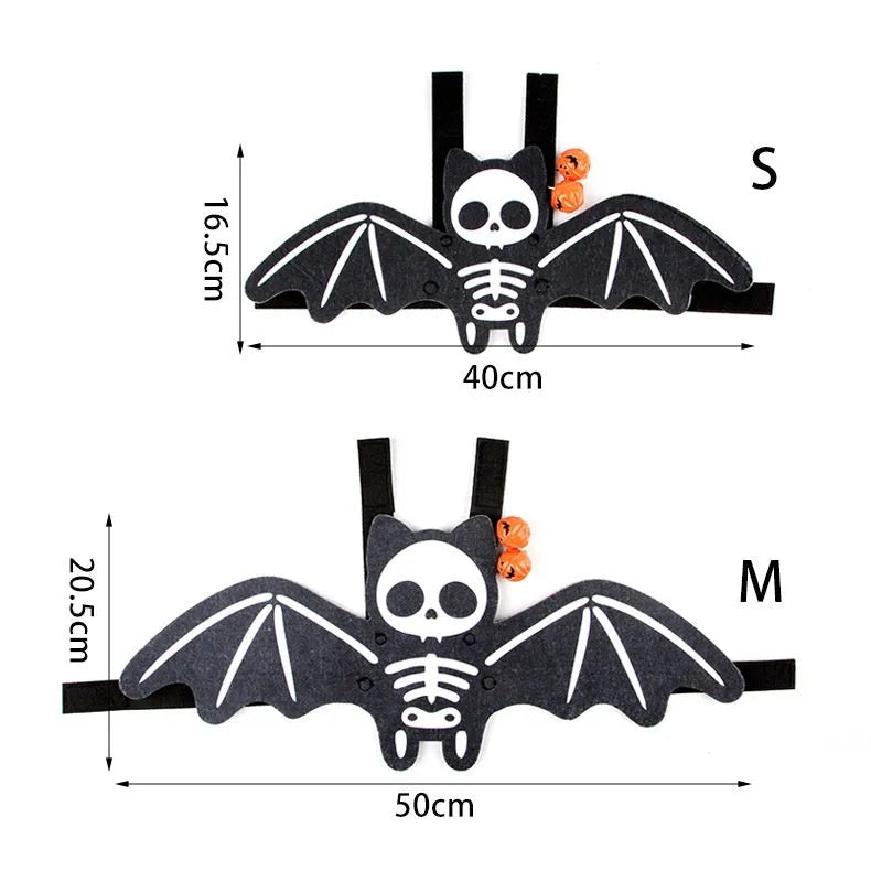Halloween batwing costume for a cat or small dog made from orange and black felt.