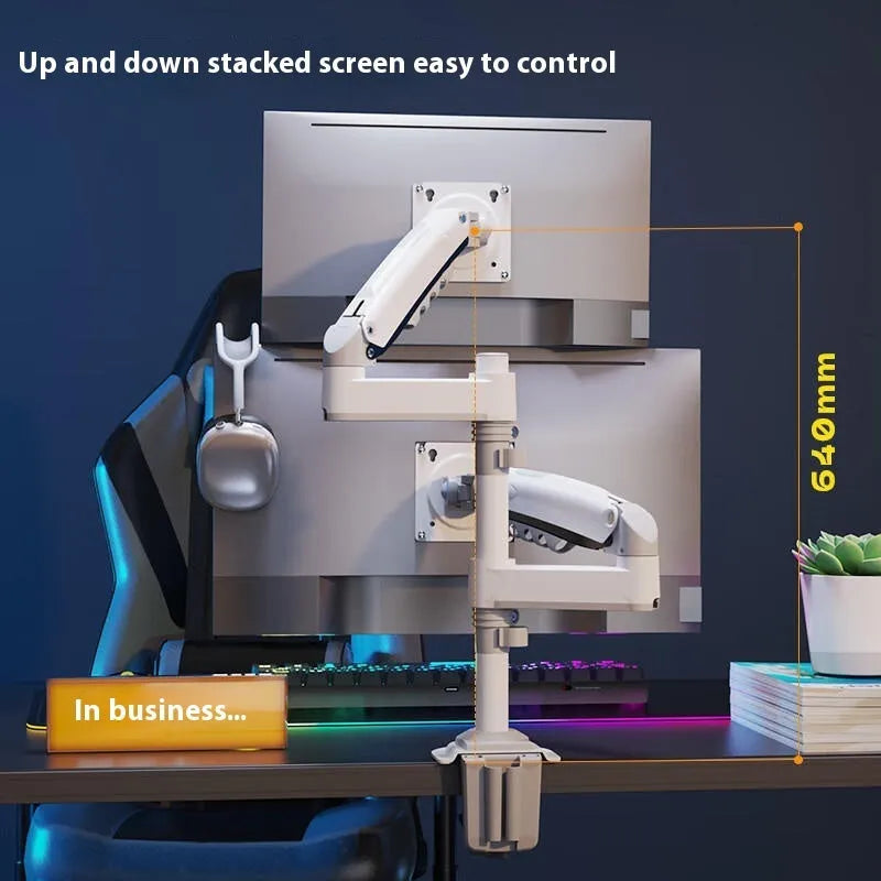 Dual computer monitor desk mount bracket in aluminium alloy with mechanical lifting arms