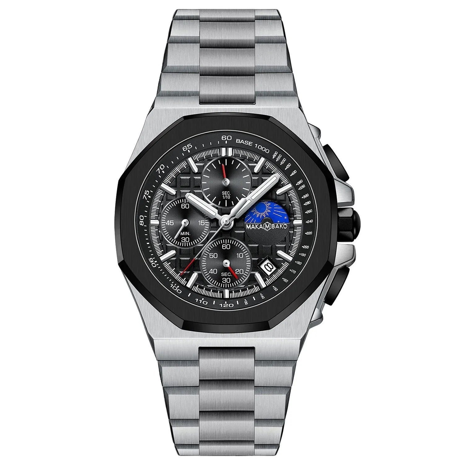 Sun Moon Star multi-function waterproof watch for men quartz mineral glass stainless steel buckle 12mm