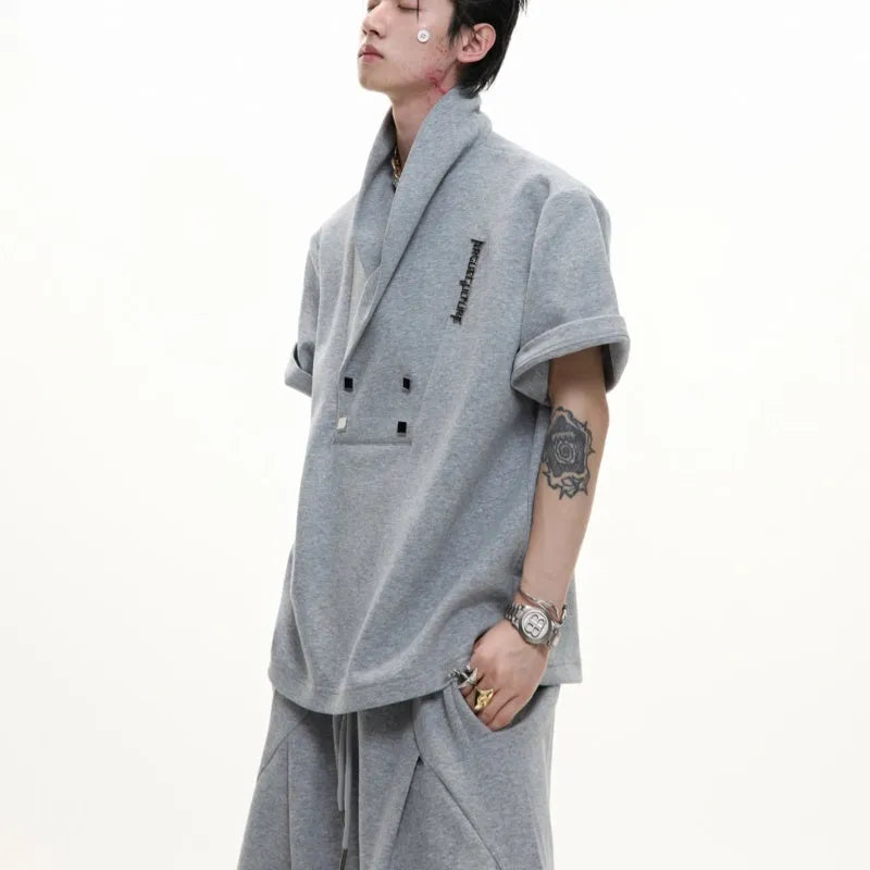 Men's dark grey metal embellished cotton sports suit with padded shoulder jacket and matching shorts