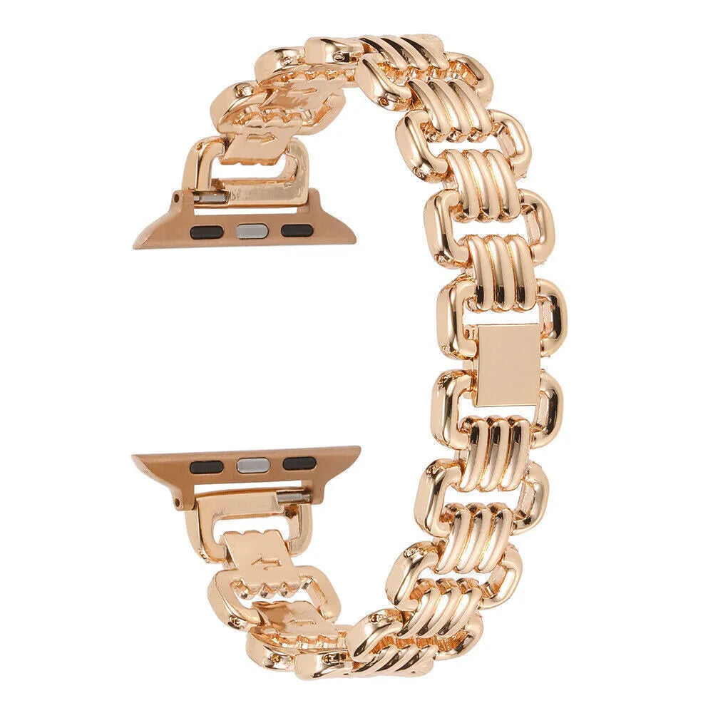 Alloy metal Apple Watch band in rose gold on a wrist, showing the connection to a watch case.