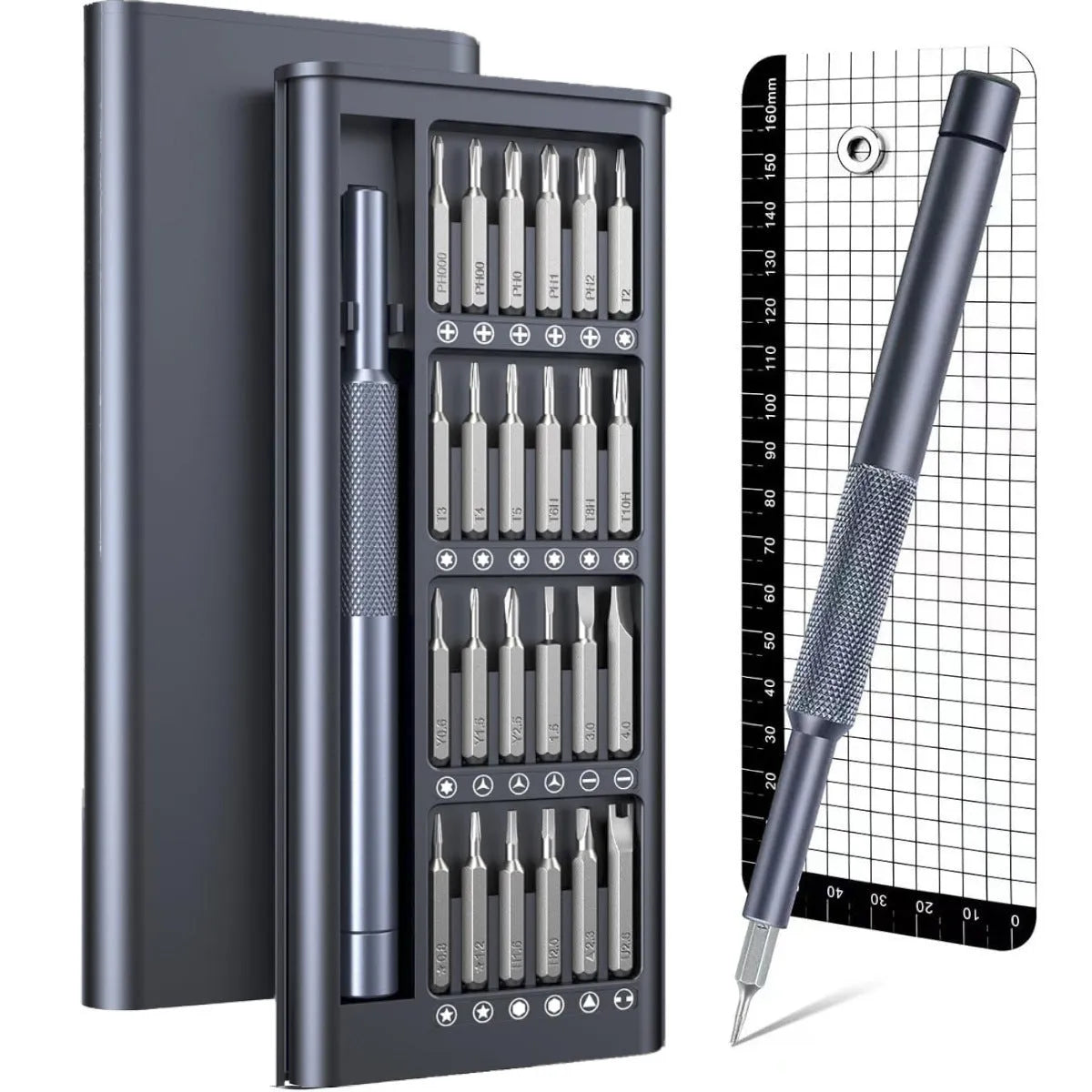 25-in-one magnetic precision screwdriver set with knurled black handle and chrome vanadium steel bits