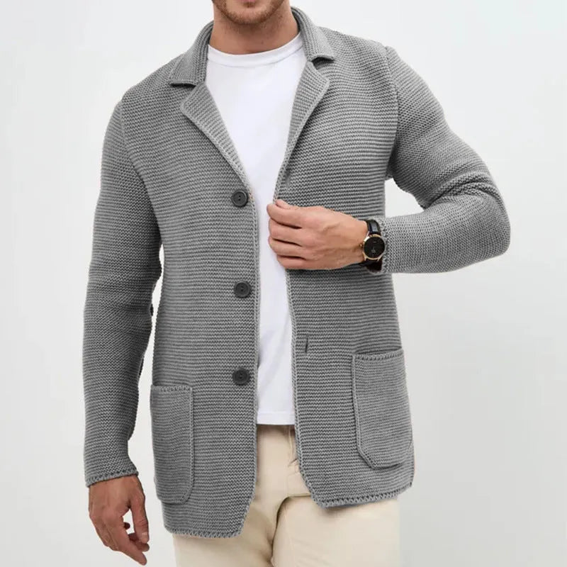 Men's knitted cardigan sweater jacket with lapel collar in black, slim fit long sleeve acrylic yarn winter wear