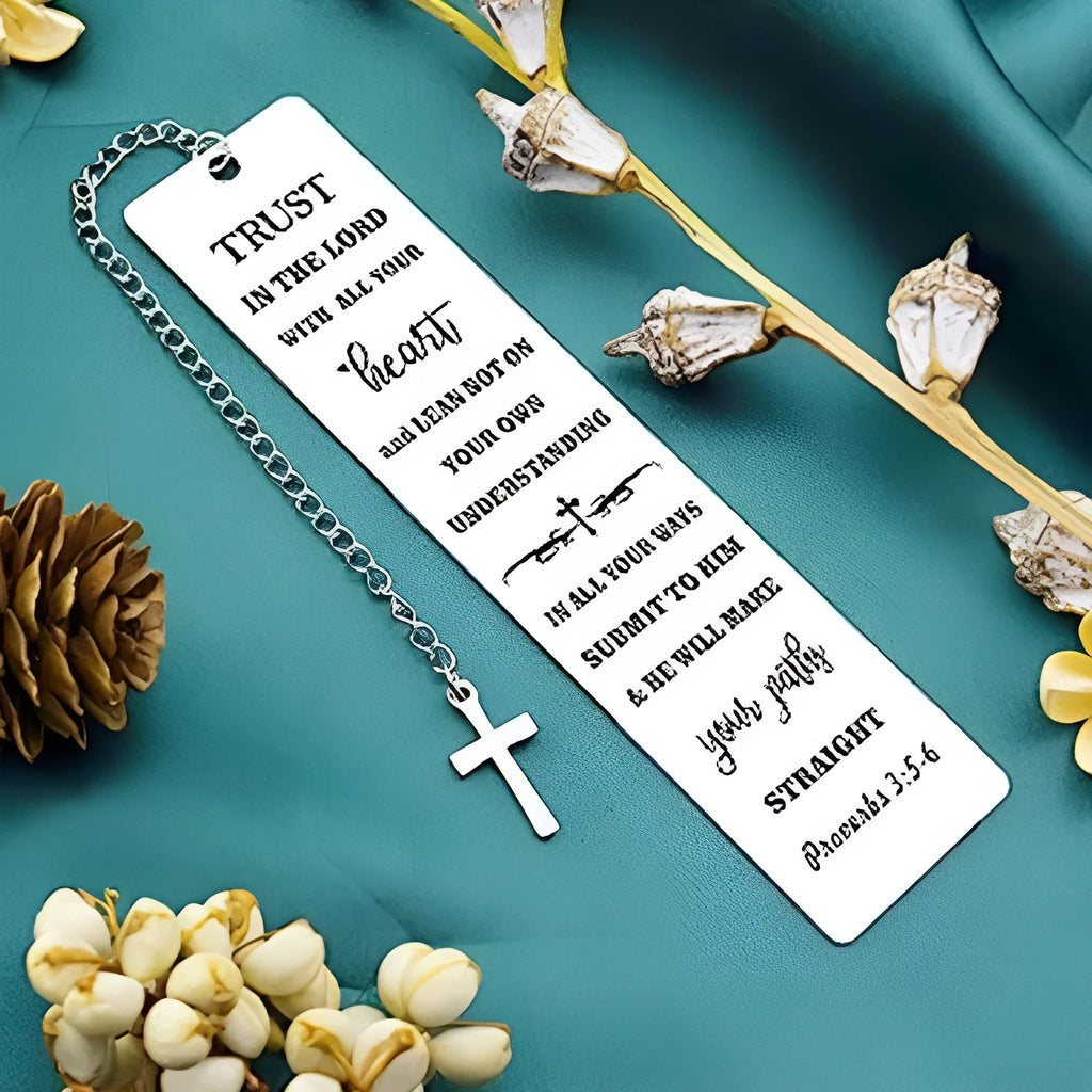 Stainless steel metal bookmark with European style design and bible verse, in CF-S5170 steel colour.
