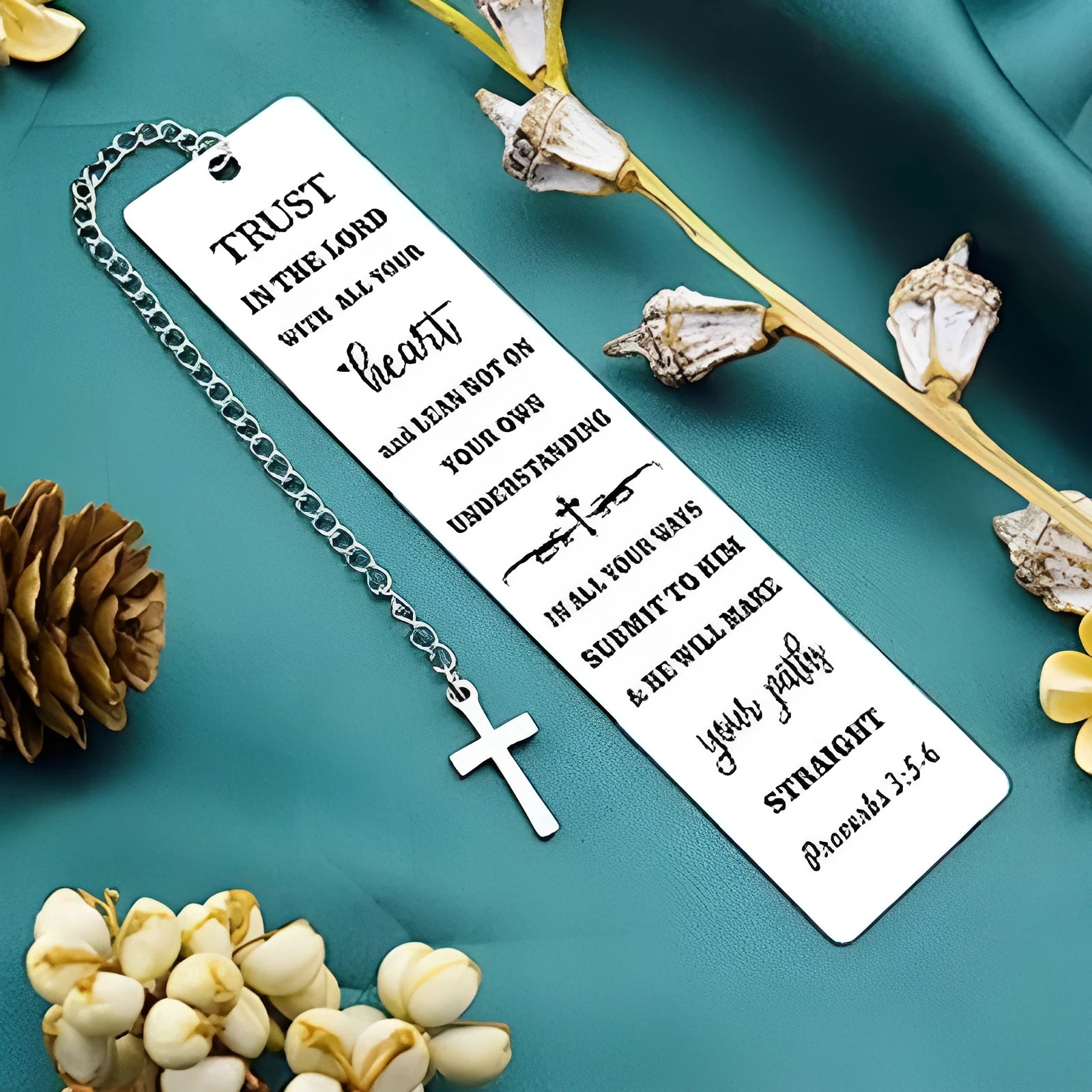 Stainless steel metal bookmark with European style design and bible verse, in CF-S5170 steel colour.