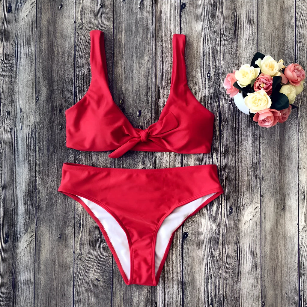 Solid colour bikini set in polyester fabric on a white background.
