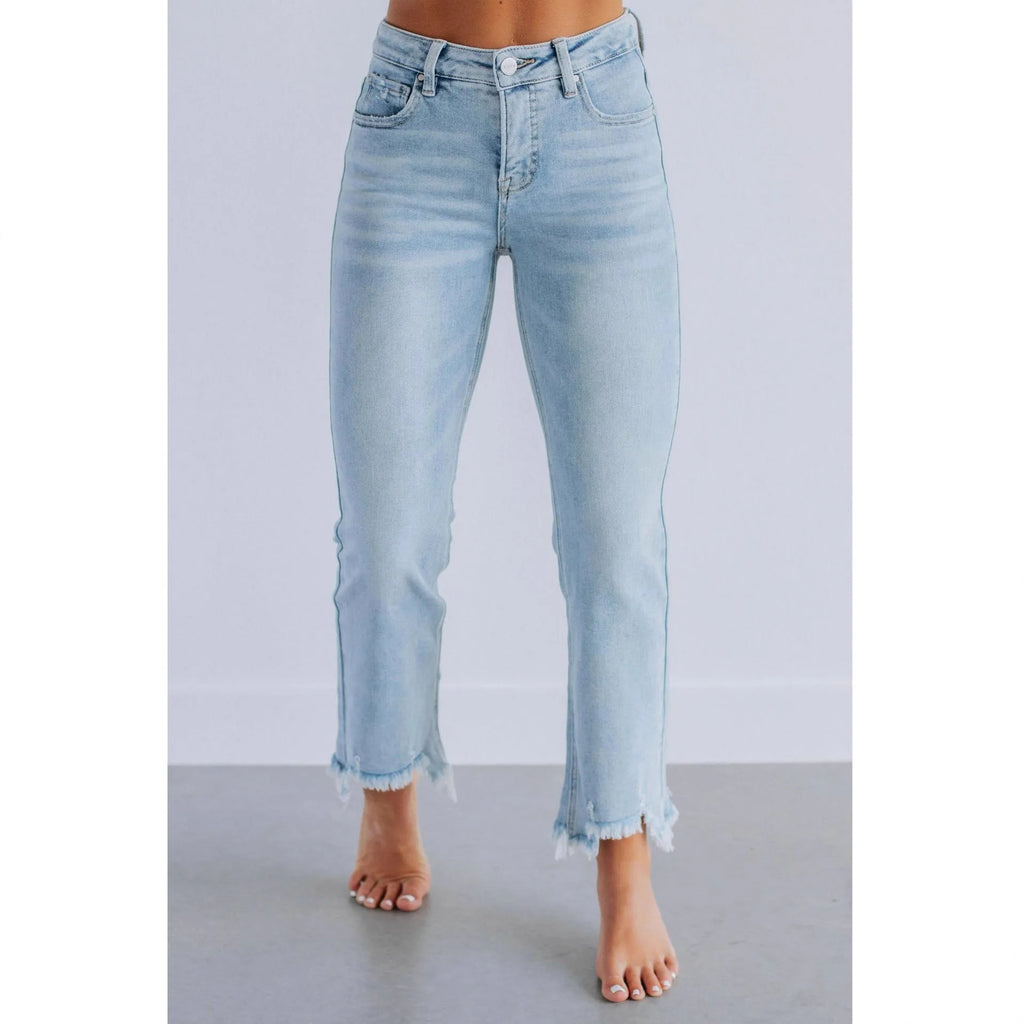 Women's dark blue cotton denim trousers with hand-worn finish, casual style