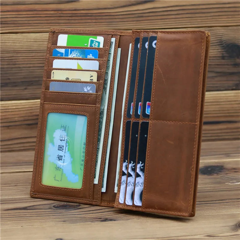 Pure first layer cowhide retro wallet in dark brown with 10 card slots and zip pocket