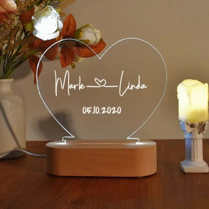 Personalised acrylic LED night light with custom names and date engraving