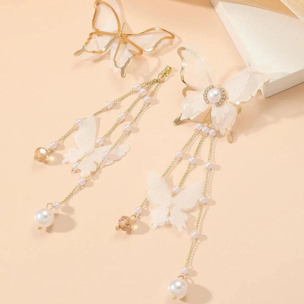 White butterfly tassel lace pearl rhinestone earrings for women with detailed insect modelling
