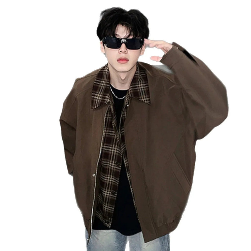 Men's spring-autumn fake two-piece jacket in black, loose fit, with side pockets and long sleeves