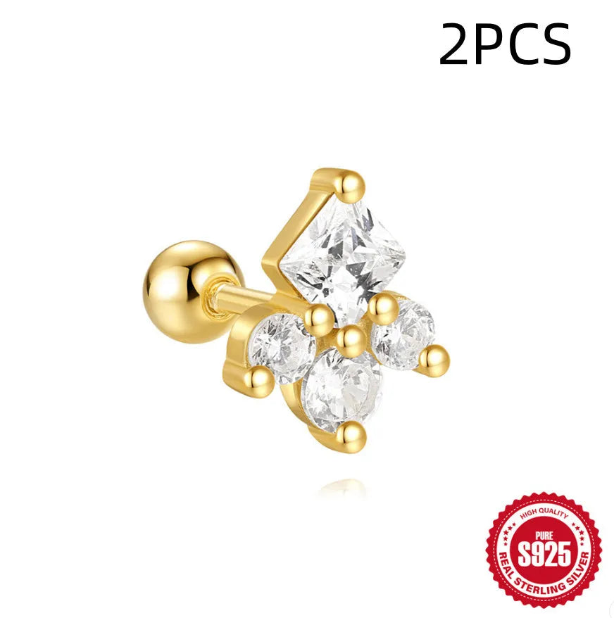 S925 sterling silver red earrings with square gravel studs and golden electroplated finish