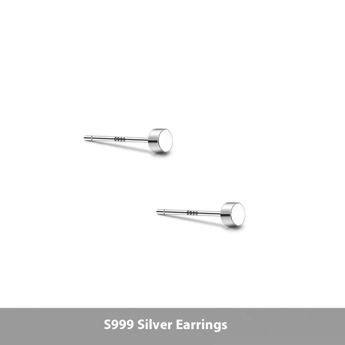 A pair of simple geometric round S999 Sterling Silver flat bone stud earrings in silver and black, showing size variation.