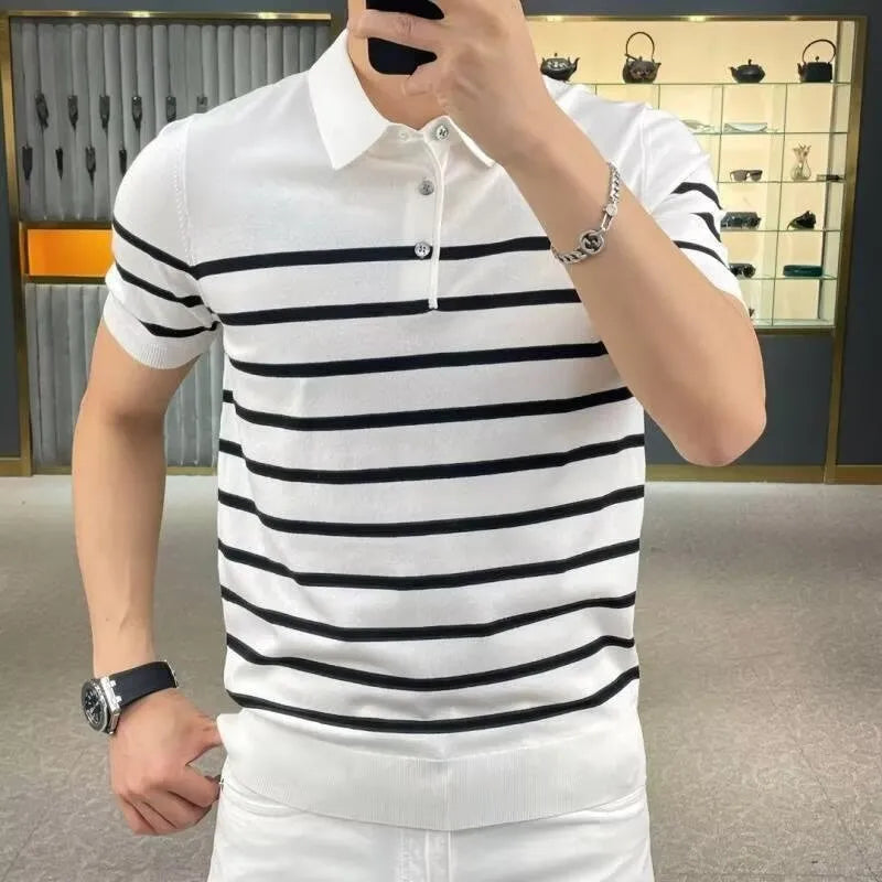 Man wearing a black and white striped knitted t-shirt with a lapel collar