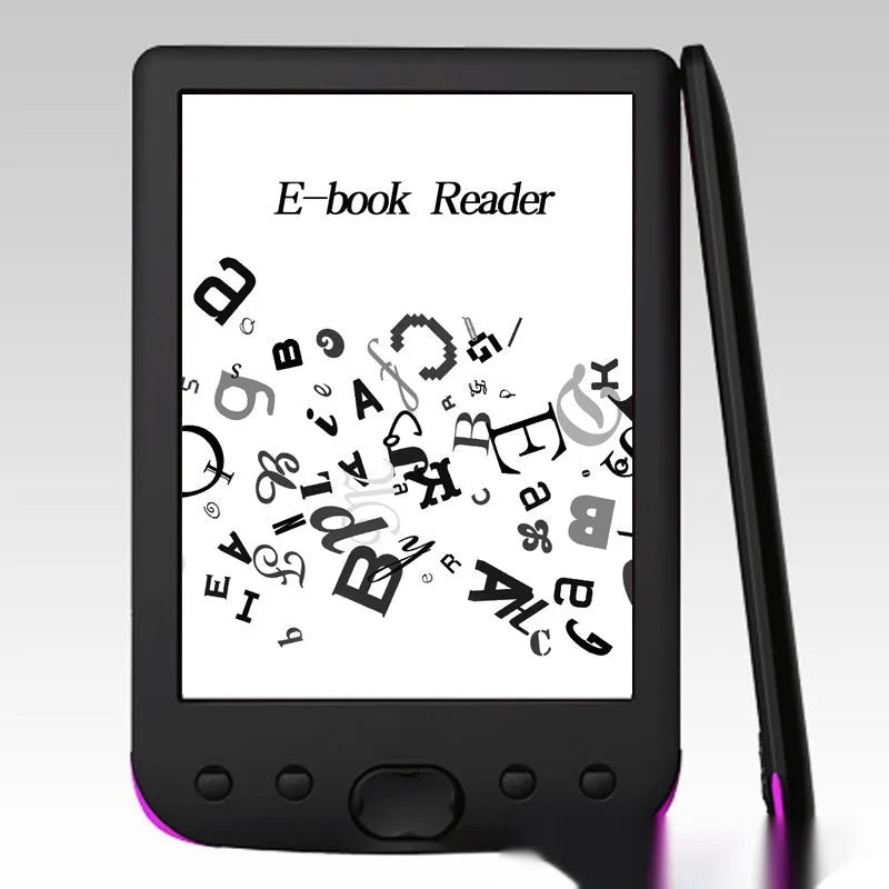 Black 6-inch E-ink screen e-book reader showing its display and sleek body.