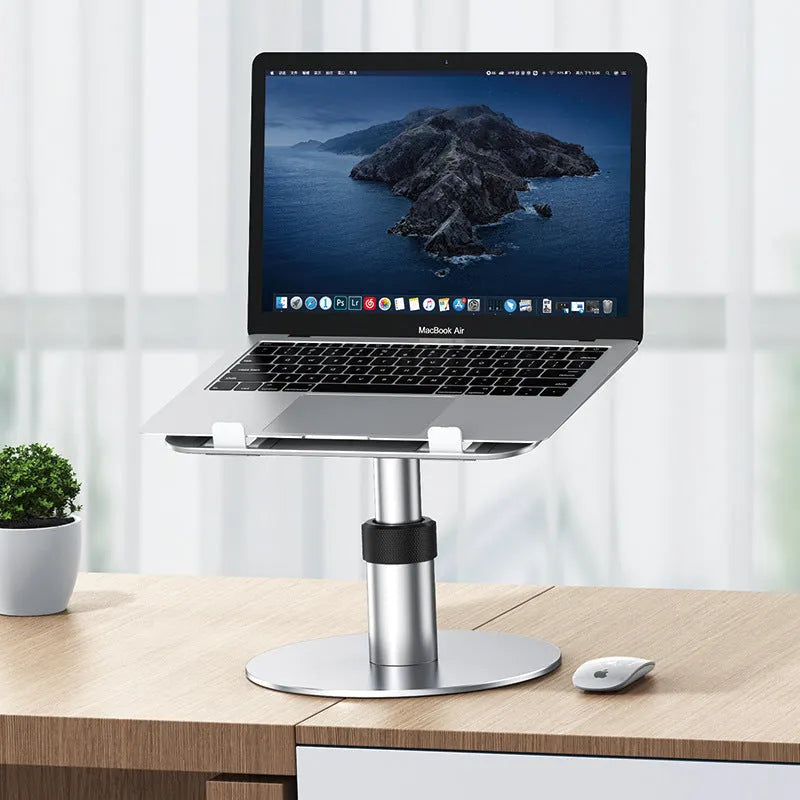 Silver adjustable aluminium car laptop stand with rotating base and non-slip pads.