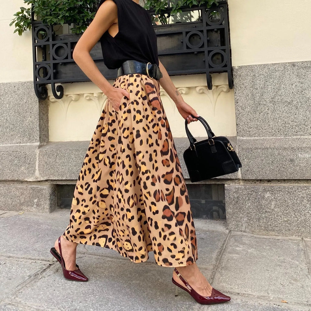 Brown leopard print women's A-line long skirt with elastic waist and big hem detailing