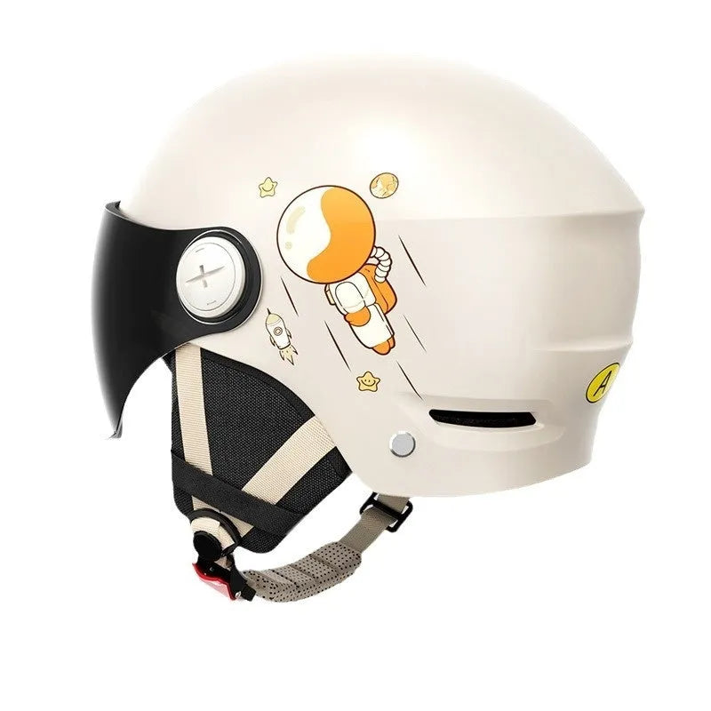 Khaki electric motorcycle half helmet with ABS construction showing sun protection glasses option